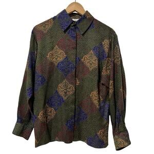 VTG St Johns Artsy Silk Button‎ Blouse Size 6 Green Old Money 90s Abstract Print